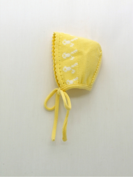 Knit yellow bonnet with bunnies framework