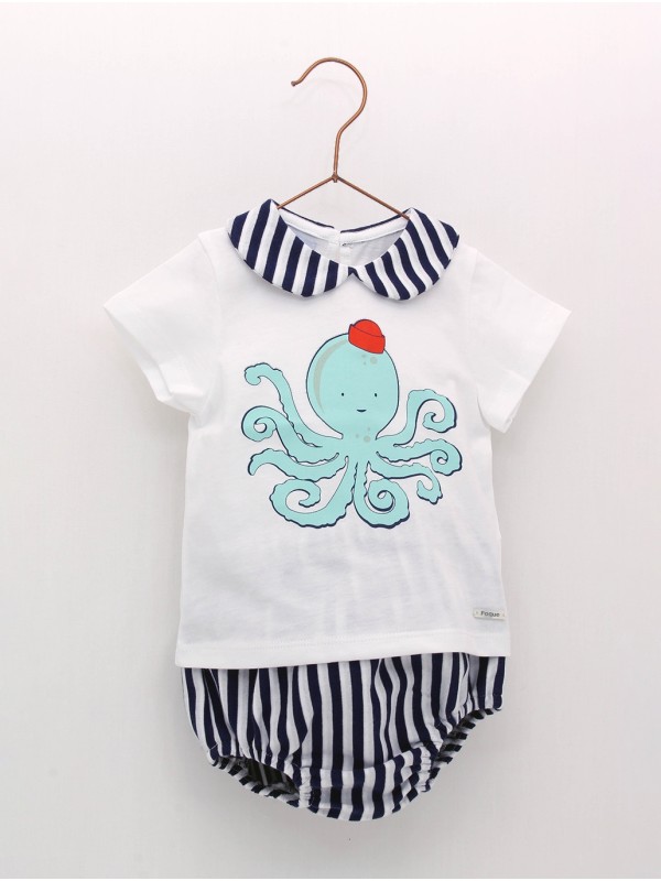 Camiseta manga corta dibujo pulpo y braguita rayas