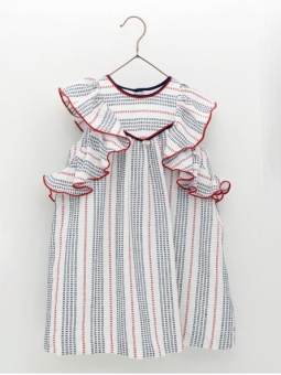Vestido en tejido bambula multirayas con efecto puntadas y volantes en mangas