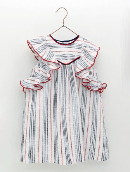 Vestido en tejido bambula multirayas con efecto puntadas y volantes en mangas