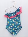 Bañador entero con escote asimétrico estampado loros y detalles en tul fluor