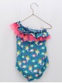 Bañador entero con escote asimétrico estampado loros y detalles en tul fluor